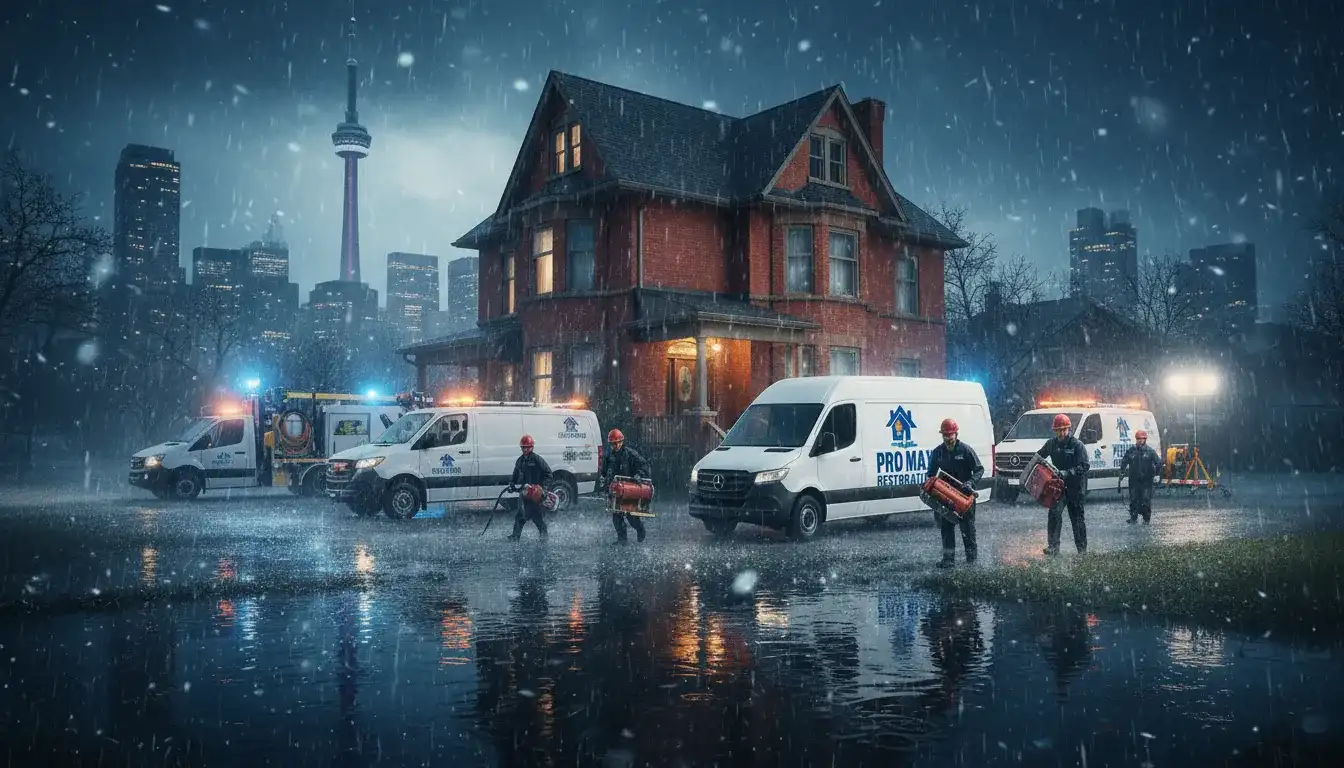 Pro Max Restoration emergency response team with branded service vehicles arriving at a Toronto home during a rainstorm